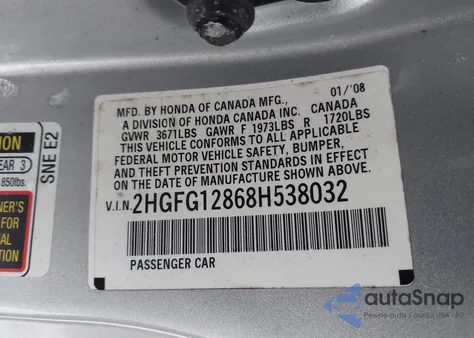 2008 Honda Civic Ex z USA, uszkodzony, nr VIN 2HGFG12868H538032